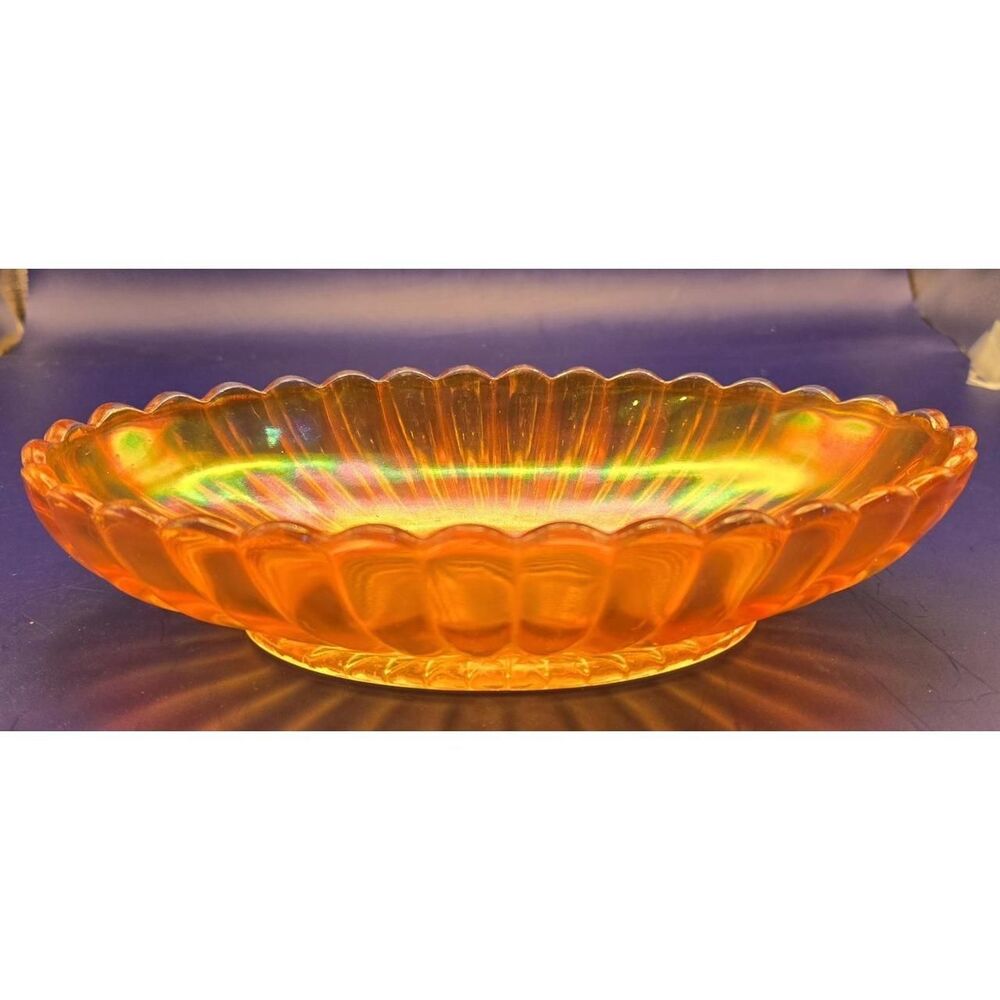 Orange Marigold Bowl Carnival Glass Lustre Ware Oval Scalloped Edge